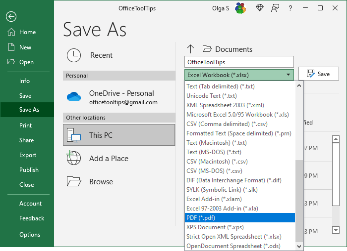 Save as PDF in Excel 365