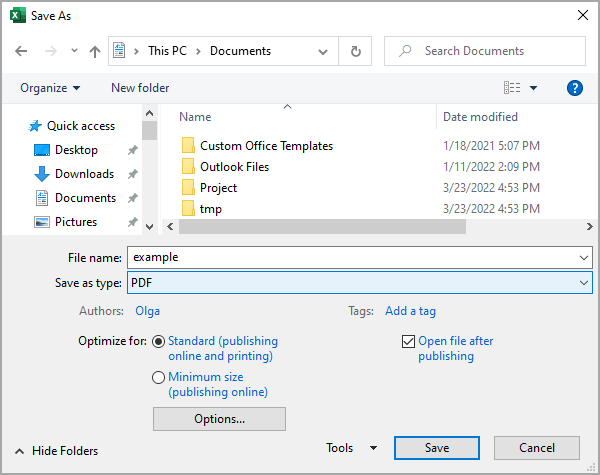 Save as PDF in Excel 365