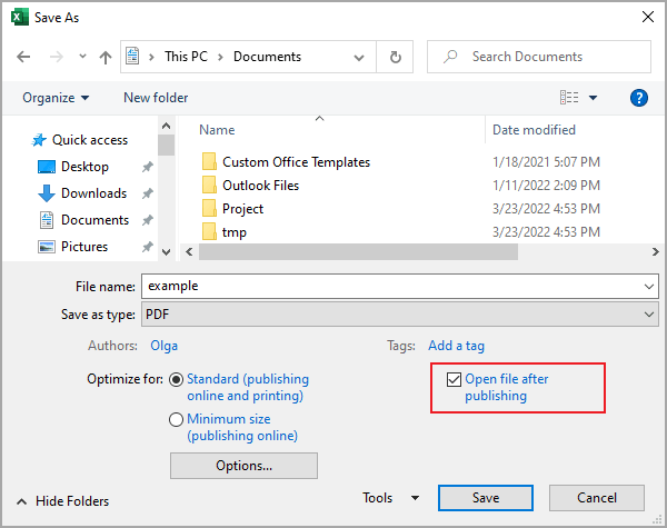 Open file after publishing in Save as Excel 365