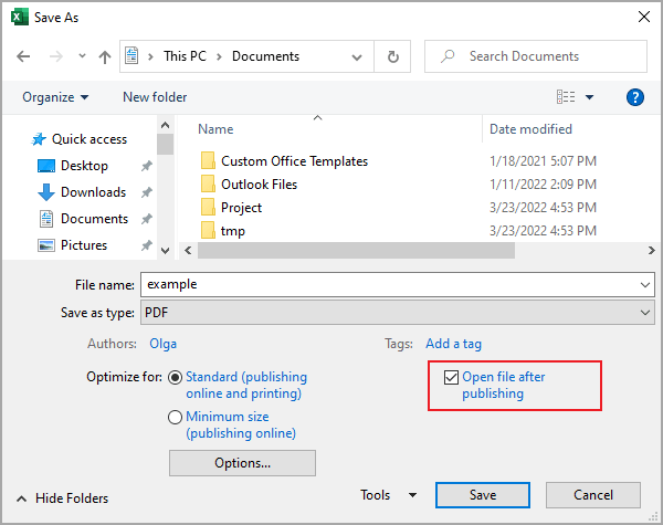 Open file after publishing in Save as Excel for Microsoft 365 Open file after publishing in Save as Excel 365