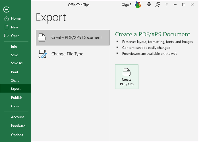 Create a PDF/XPS in Excel 365