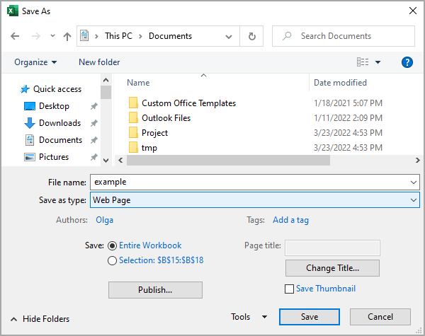 Save as Web Page in Excel 365