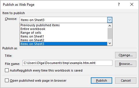Publish as Web Page dialog box in Excel 365
