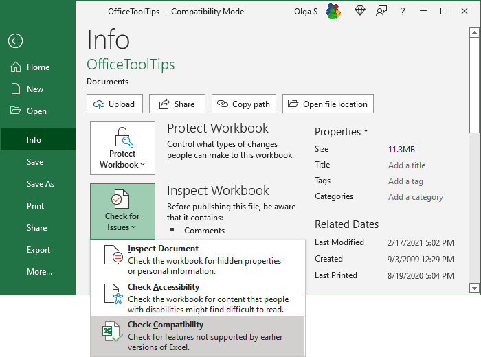 Compatibility Checker dialog box in Excel 365