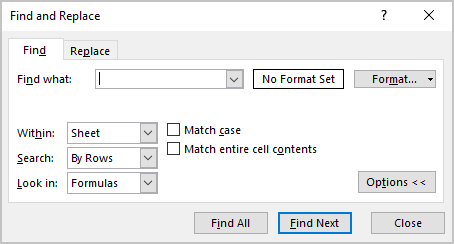 Options in Find and Replace dialog box Excel 365