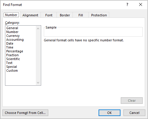 Find Format dialog box in Excel 365