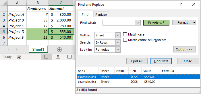 Find Format example in Excel 365
