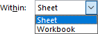 Within dropdown list in Find and Replace Excel 365