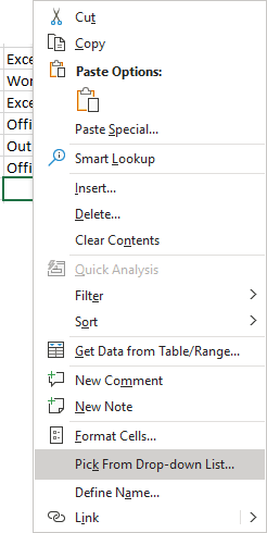 Pick From Drop-down List in the popup menu Excel 365