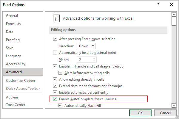 Enable AutoComplete for cell values in Excel 365