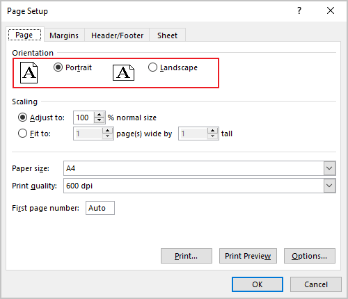 Page Setup group in Excel 365