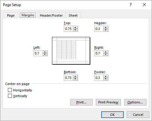 Margins in Page Setup dialog box Excel 365