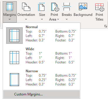 Custom Margins option in Excel 365