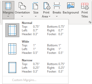 Margins list in Excel 365