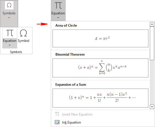 Equations gallery in Excel 365