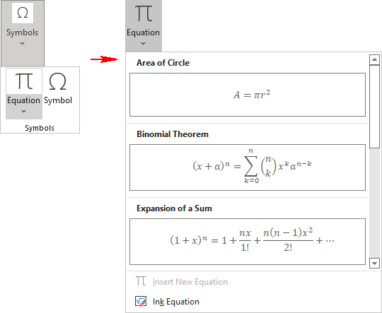 Equations gallery in Excel for Microsoft 365 Equations gallery in Excel 365