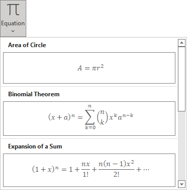 Equation gallery in Equation tab Excel 365