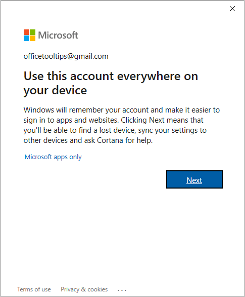 Use this account everywhere on your device in Microsoft 365 Use this account everywhere on your device in Office 365