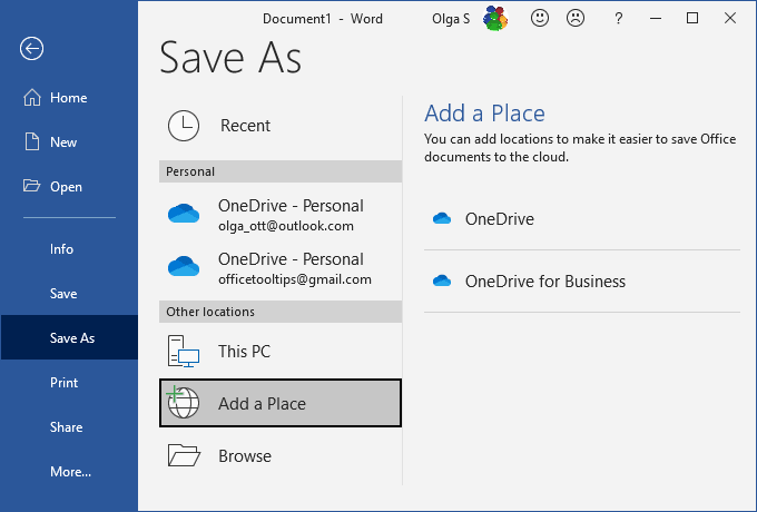 Added new OneDrive in Word 365