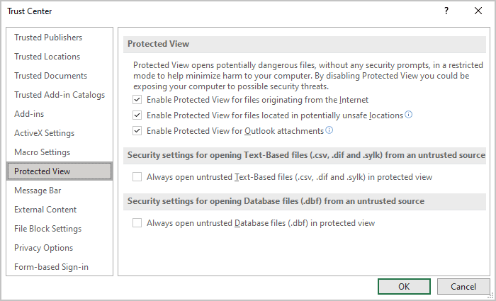Protected View in Excel 365