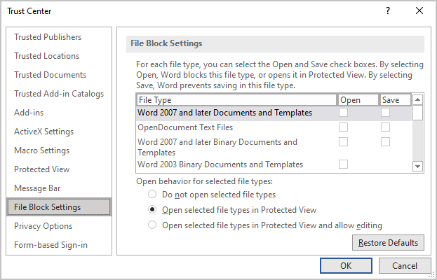 File Block Settings in Word 365