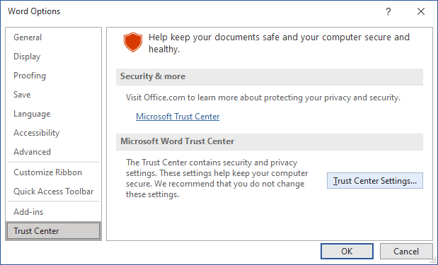 Trust Center Settings in Word 365