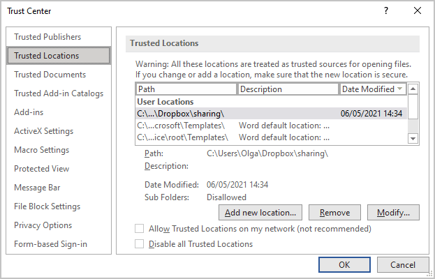 Trusted Locations in Word for Microsoft 365 Trusted Locations in Word 365