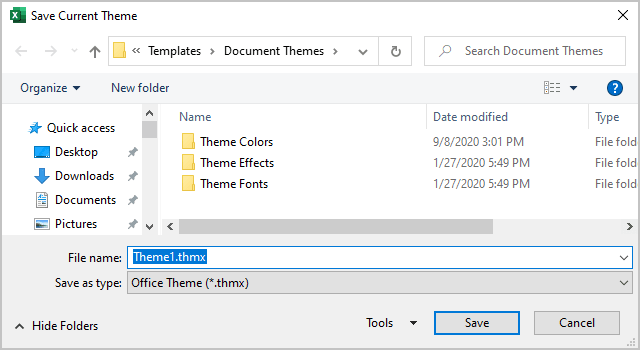 Save Current Theme dialog box in Excel 365