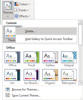Delete Theme in Excel 365