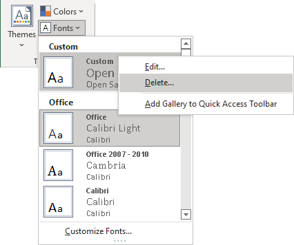 Theme Fonts Delete in popup menu Excel 365