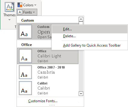 Theme Fonts Edit in popup menu Excel 365