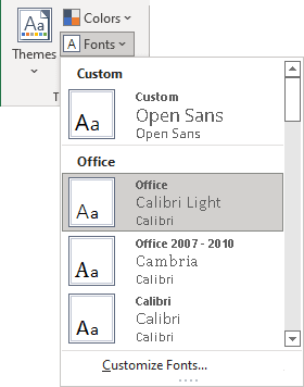 Theme Fonts gallery in Excel 365