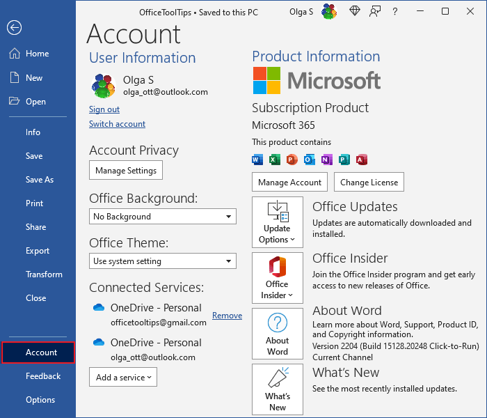 Account page in Office 365