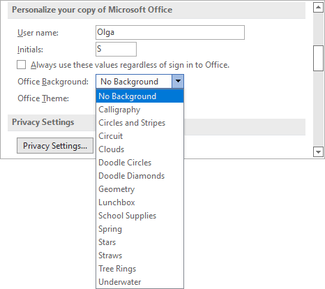 Office Background in Options Office 365