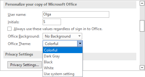Office Theme in Options Office 365