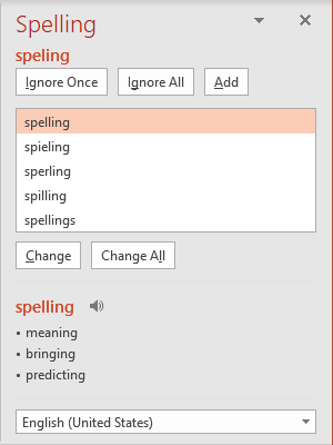 Spelling pane in PowerPoint for Microsoft 365 Spelling pane in PowerPoint 365