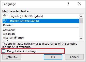 Language dialog box in PowerPoint 365