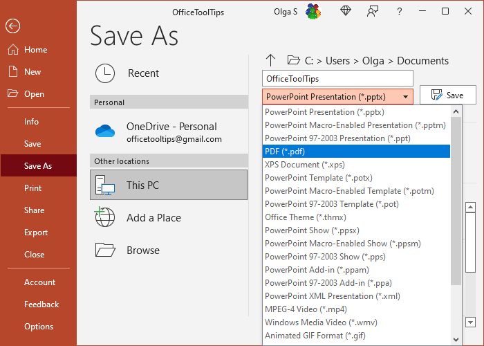 Save As PDF in PowerPoint 365