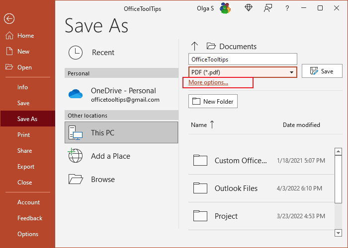 More options in Save As pane PowerPoint 365