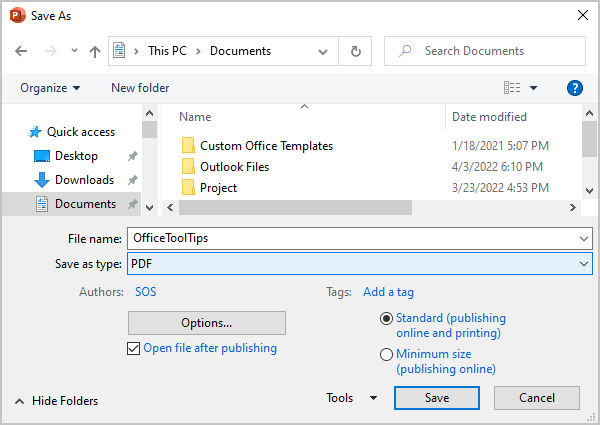 Save As dialog box in PowerPoint 365