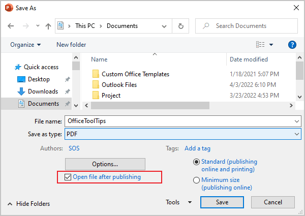 Open file after publishing in PowerPoint 365
