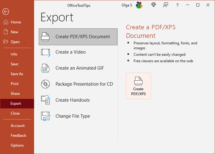 Export to PDF or XPS in PowerPoint 365