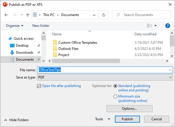 Publish as PDF or XPS in PowerPoint 365