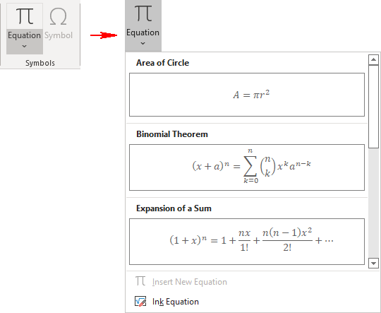 Equation gallery in PowerPoint 365