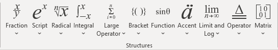 Structures group in Equation tab PowerPoint for Microsoft 365 Structures group in Equation tab PowerPoint 365
