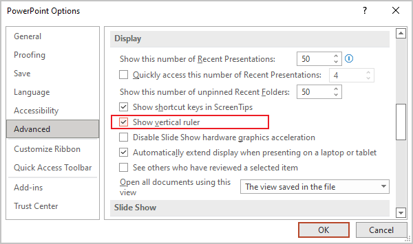 Show vertical ruler in Options PowerPoint 365