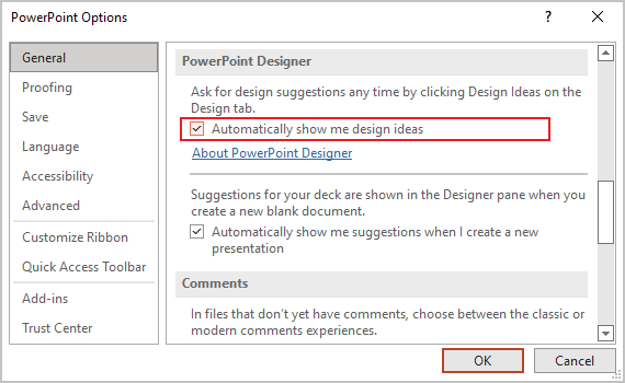 Automatically show me design ideas in PowerPoint 365