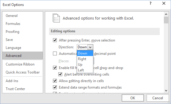 Advanced options in Excel 2016