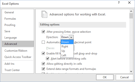 Advanced Options in Excel 2016 Advanced options in Excel 2016