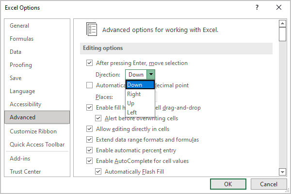 Advanced Options in Excel for Microsoft 365 Advanced options in Excel 365
